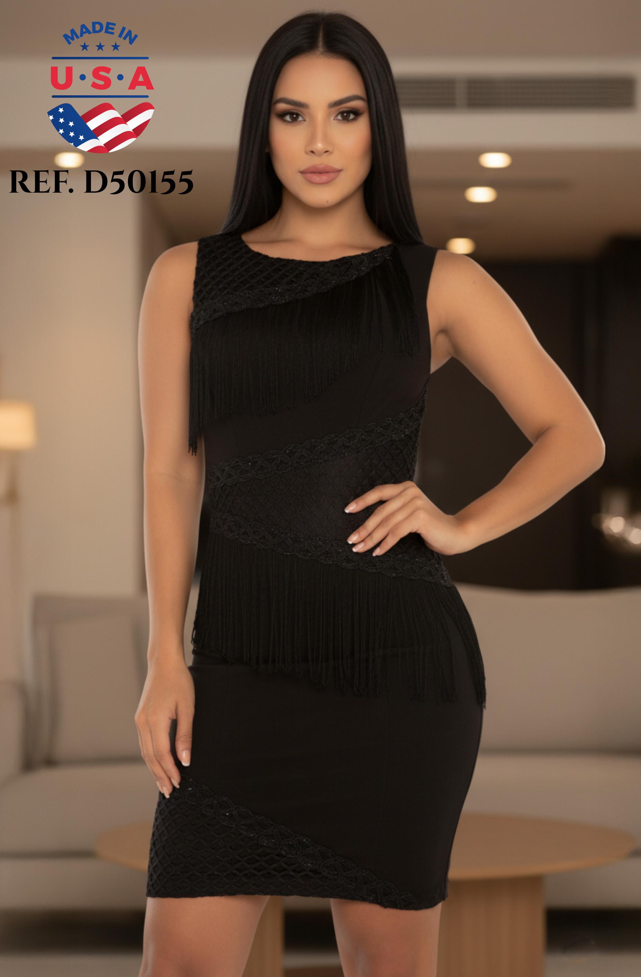 Vestido Corto de Fiesta Americano Sin Mangas Decorado con Flecos